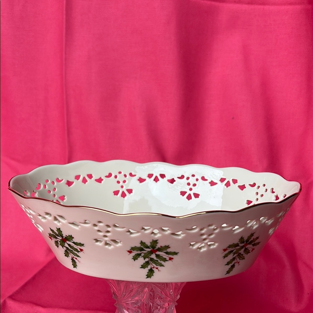 Lenox Holiday Bowl with Green and Red Holly Design